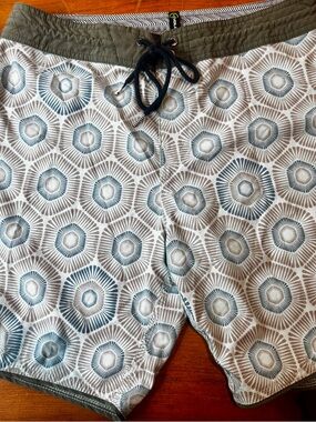 32” Men’s 9”Board Shorts in Olive, Blue, White Geometric Print